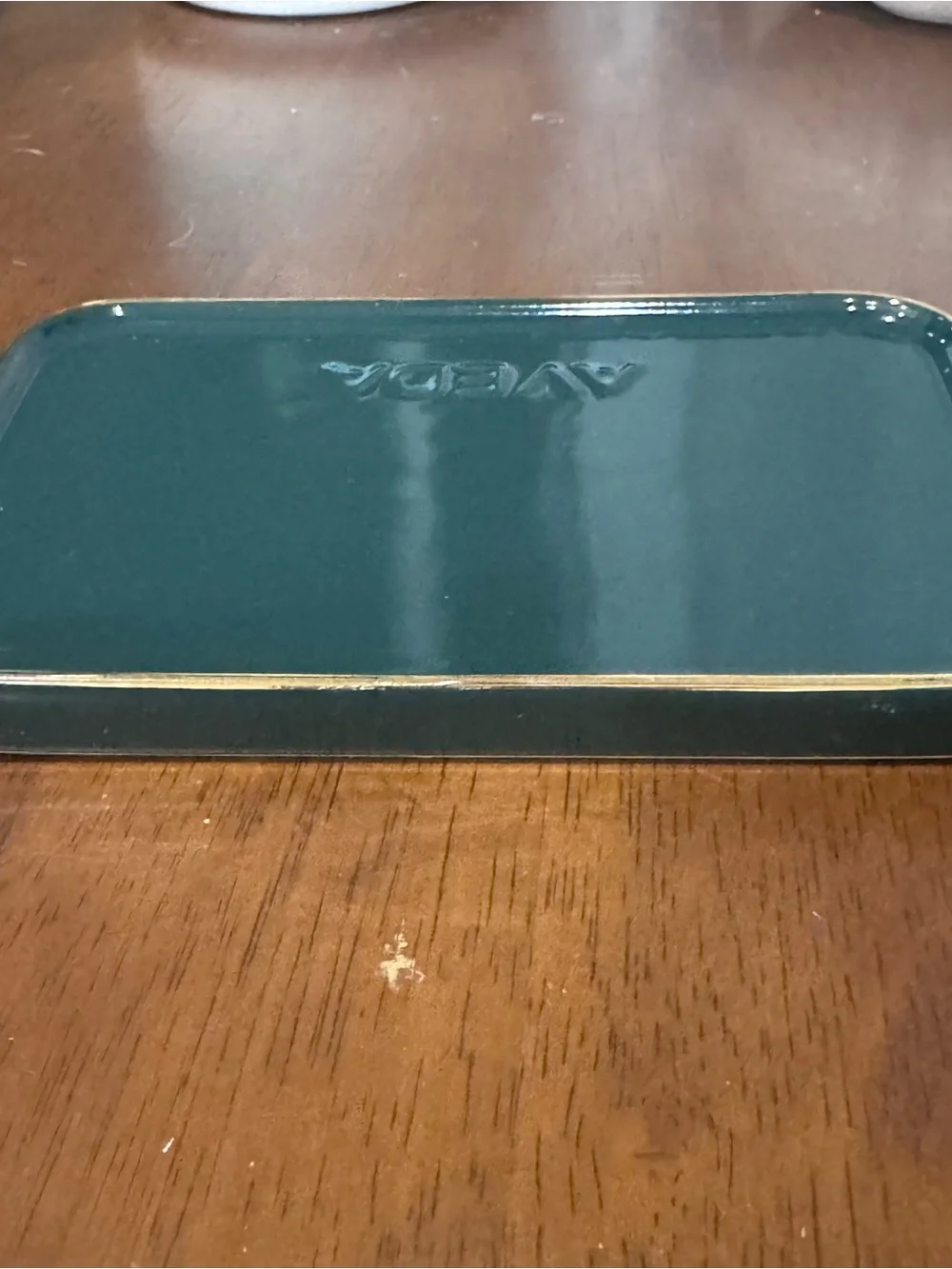 AVEDA bar soap or trinket dish Dark Green Metal Tray with Gold Edge